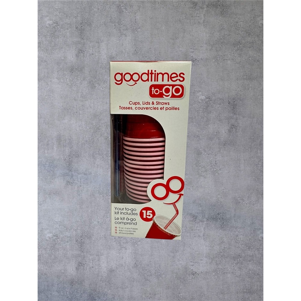 Goodtimes To-Go Cup Kit 15ct 9oz Red White New Cups Lids Straws 45pc‎ Set